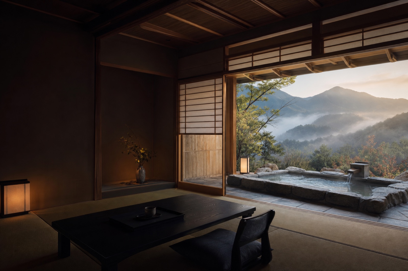 山並みを望む架空の温泉旅館の客室と露天風呂